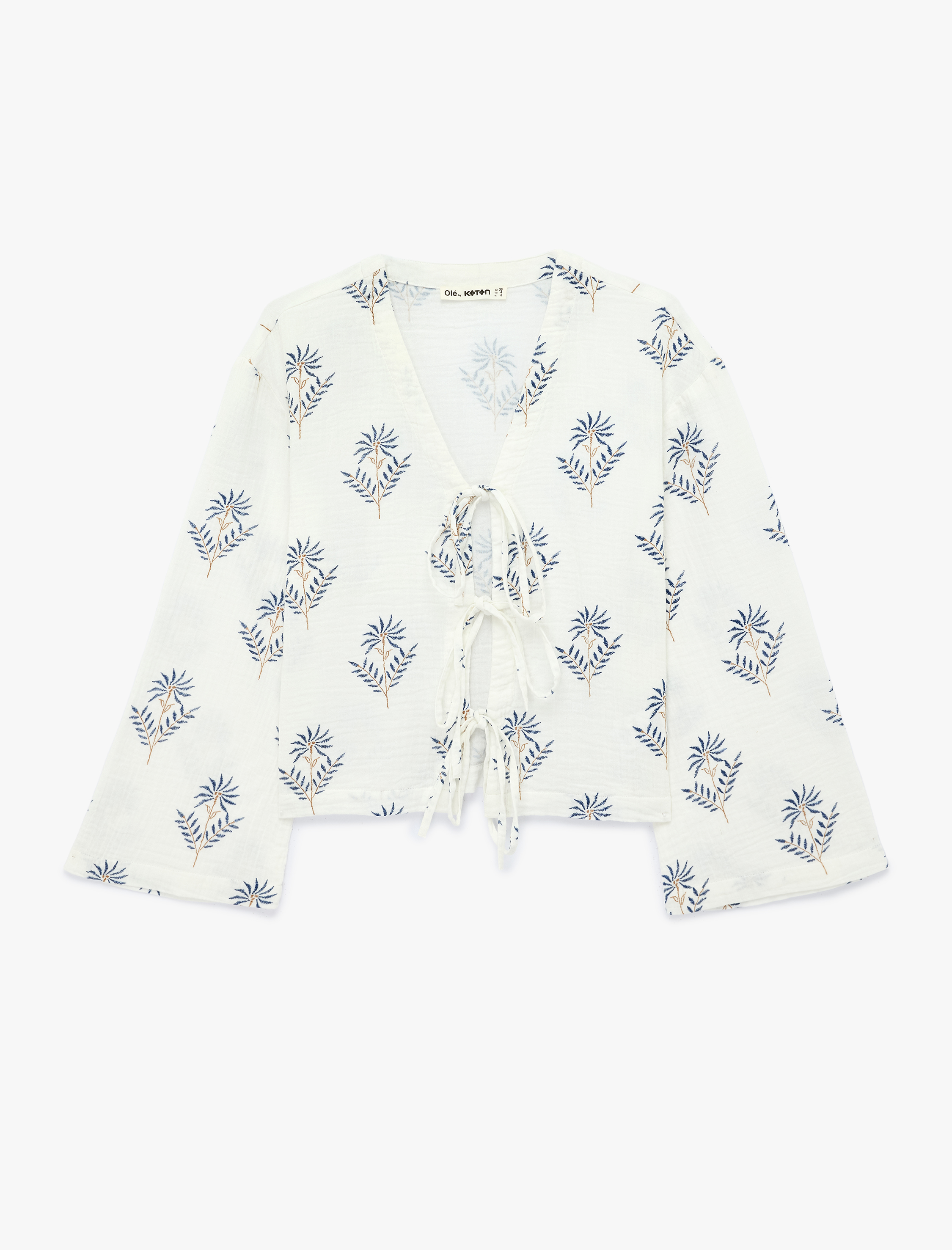   Pamuklu Uzun Kollu Çiçekli Bağlama Detaylı V Yaka Müslin Bluz