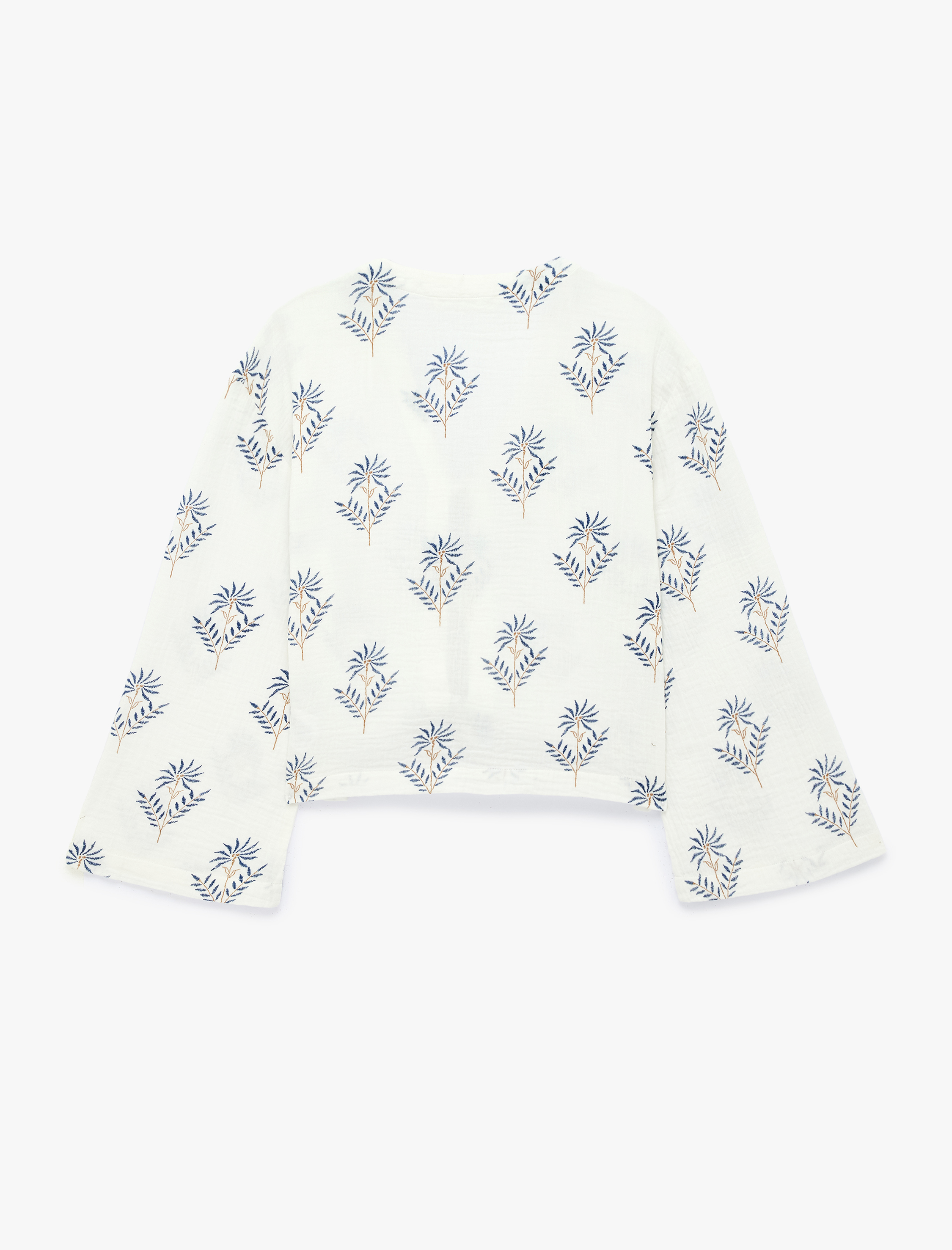   Pamuklu Uzun Kollu Çiçekli Bağlama Detaylı V Yaka Müslin Bluz