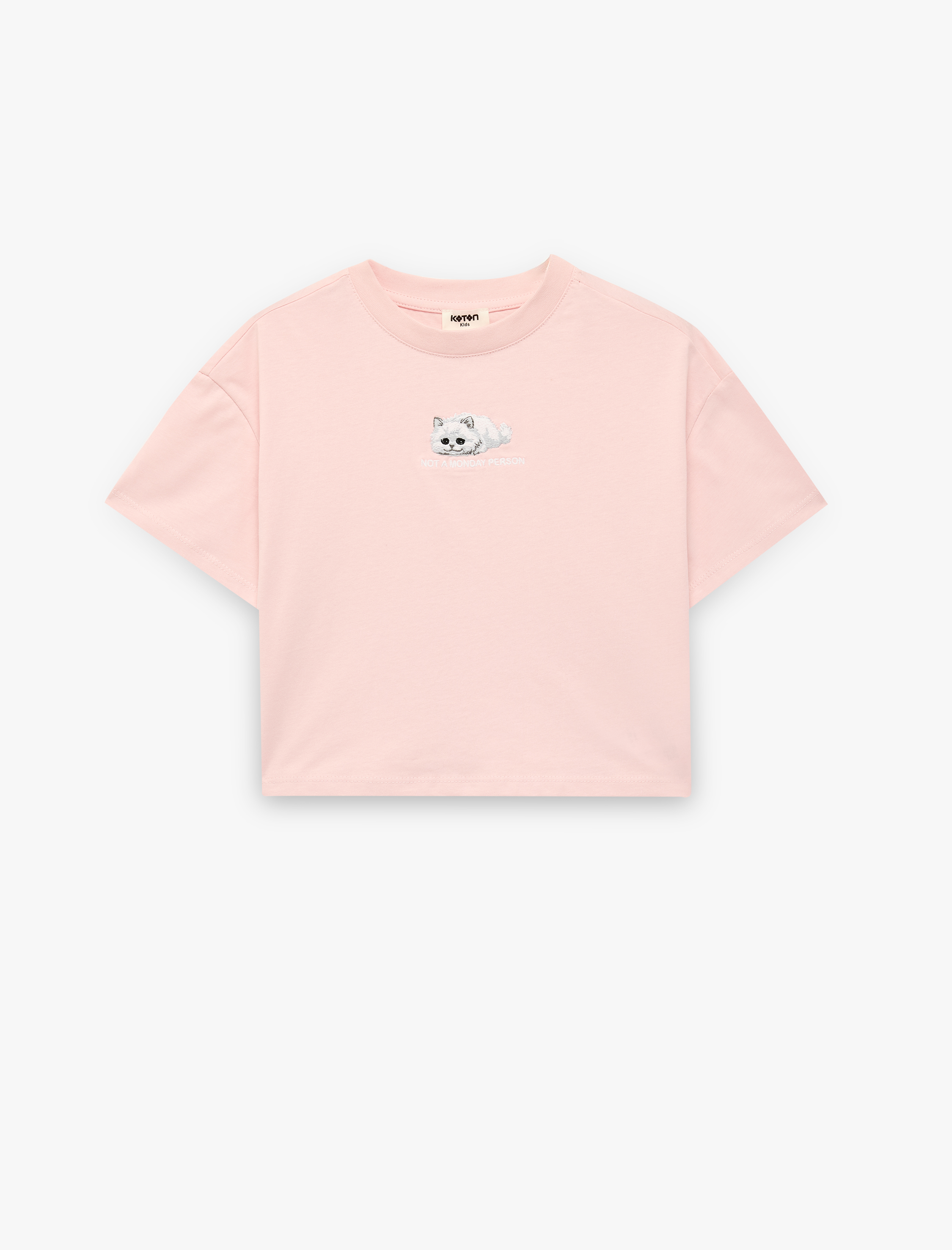  Kız Çocuk Kısa Kollu Bisiklet Yaka Nakışlı Pamuklu Tişört