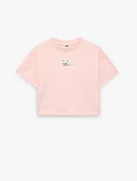 Kısa Kollu Bisiklet Yaka Nakışlı Pamuklu Tişört