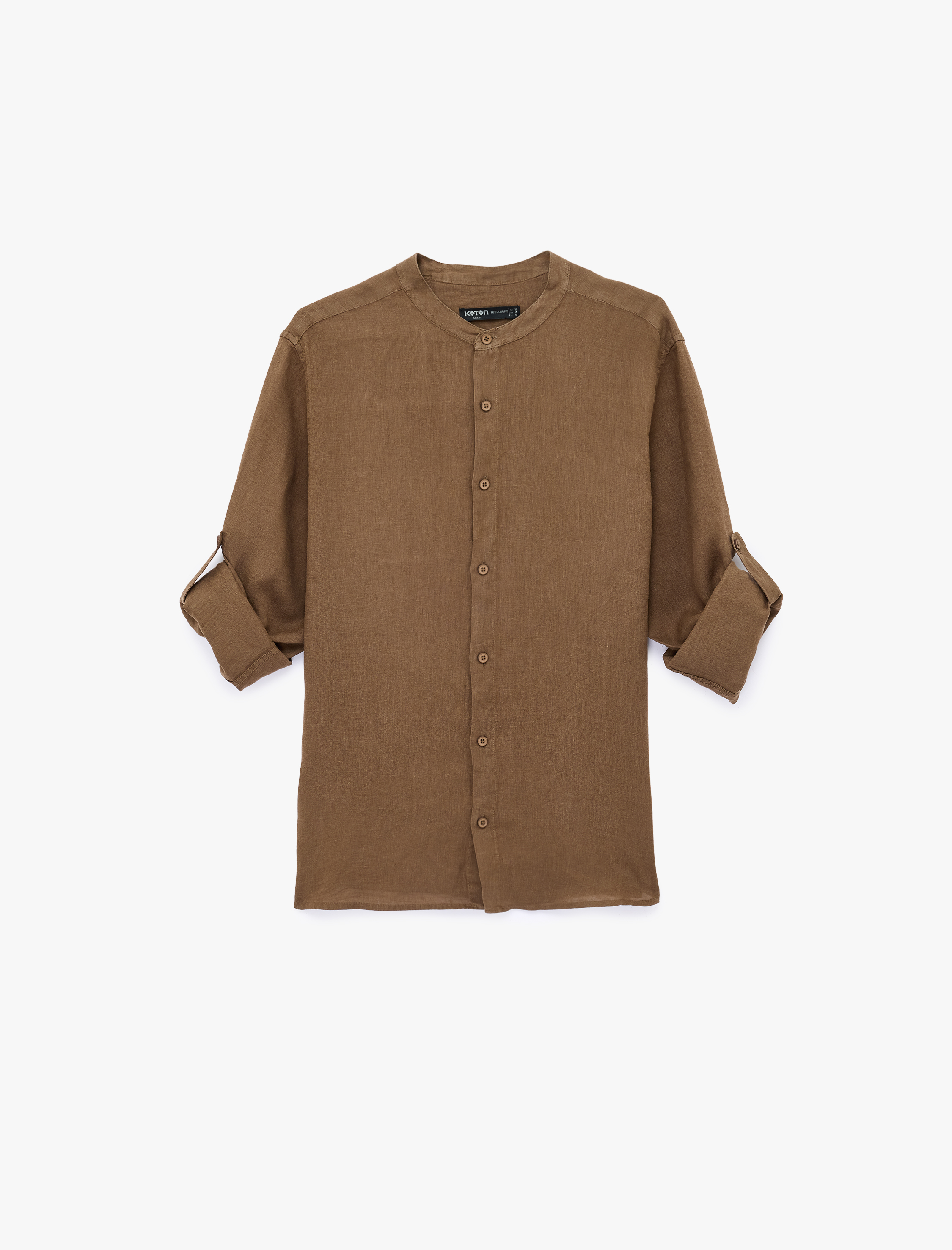   Regular Fit Uzun Kollu Düğmeli Hakim Yaka Keten Gömlek
