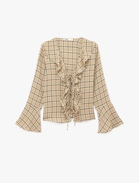 Uzun Kollu Volanlı Kareli Bağlama Detaylı V Yaka Bluz