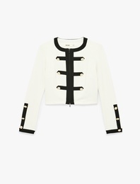 Slim Fit Uzun Kollu Bisiklet Yaka Kontrast Detaylı Düğmeli Hırka