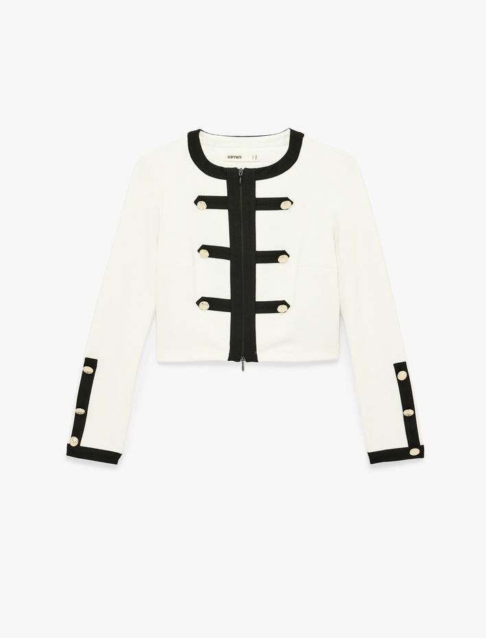  Slim Fit Uzun Kollu Bisiklet Yaka Kontrast Detaylı Düğmeli Hırka