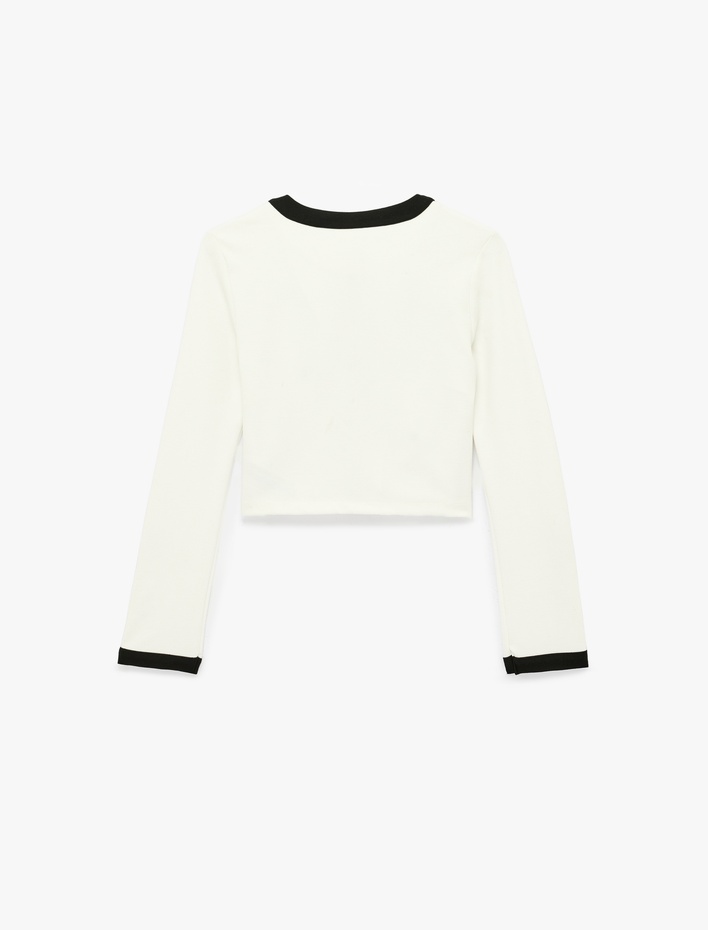  Slim Fit Uzun Kollu Bisiklet Yaka Kontrast Detaylı Düğmeli Hırka