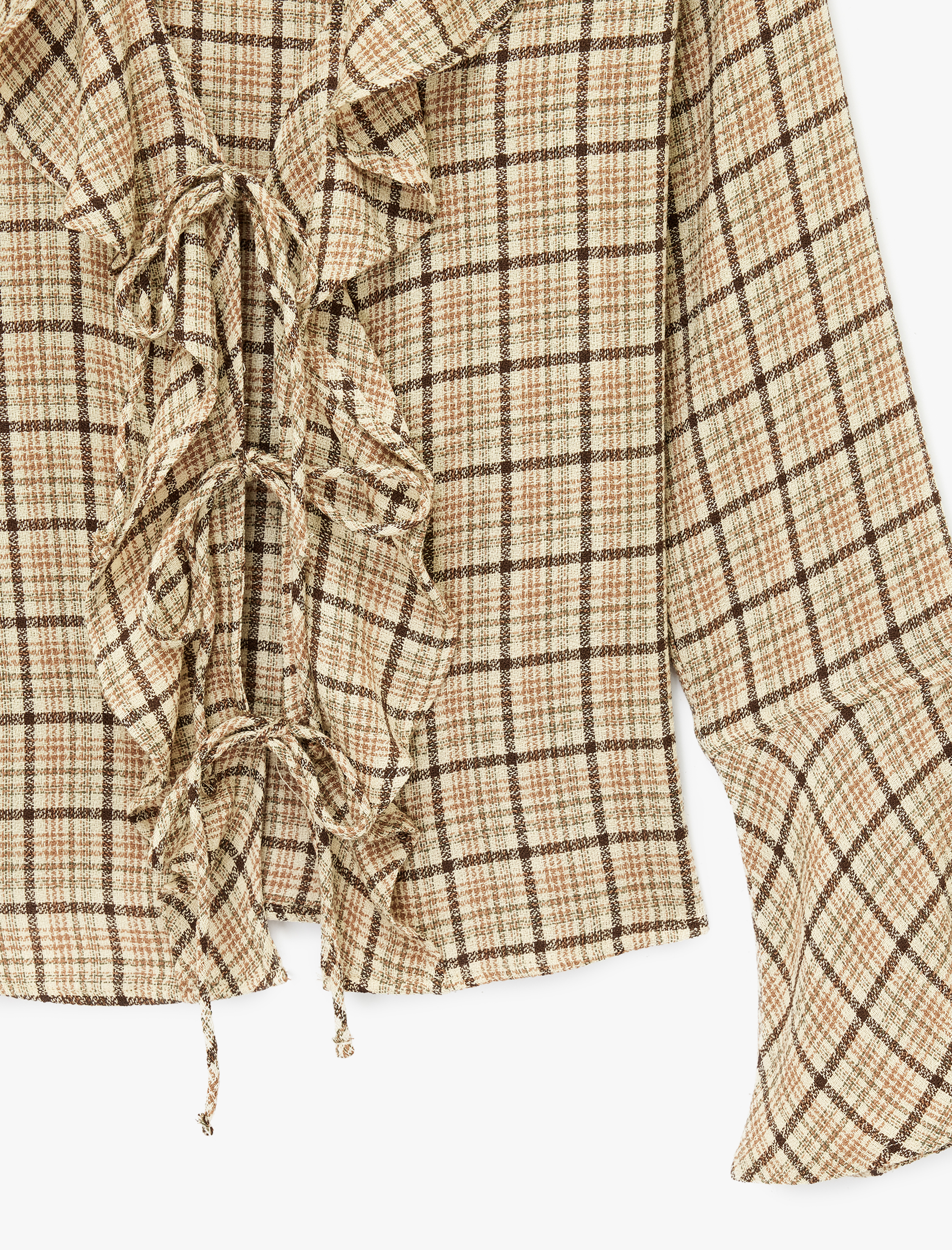   Uzun Kollu Volanlı Kareli Bağlama Detaylı V Yaka Bluz