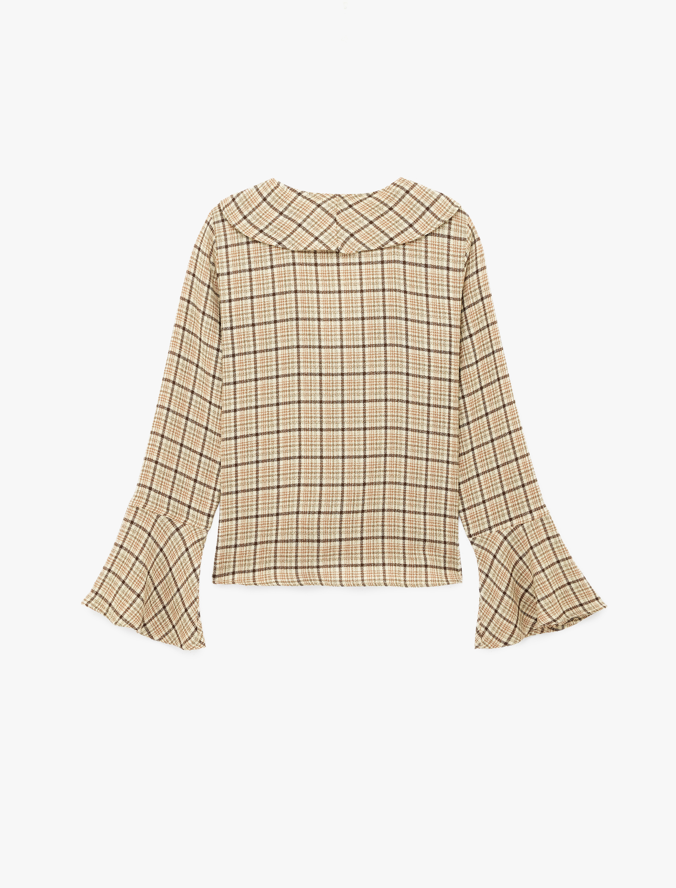   Uzun Kollu Volanlı Kareli Bağlama Detaylı V Yaka Bluz