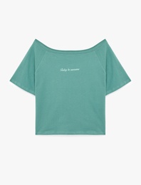 Pamuklu Kayık Yaka Kısa Kollu Baskılı Oversize Spor Tişört