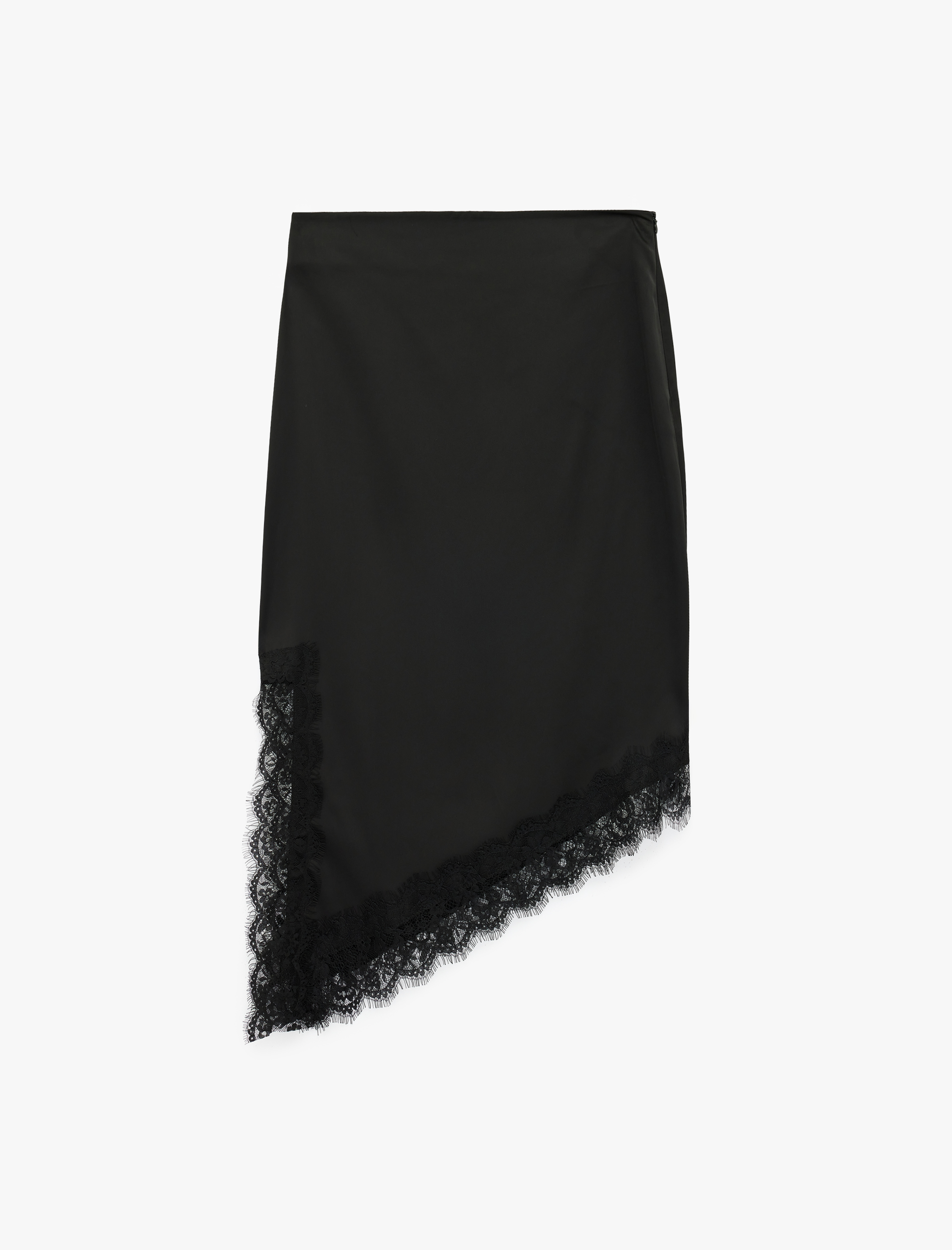   Asimetrik Kesim Normal Bel Dantel Detaylı Saten Etek