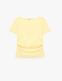 Pamuklu Drape Detaylı Kısa Kollu Bisiklet Yaka Tişört