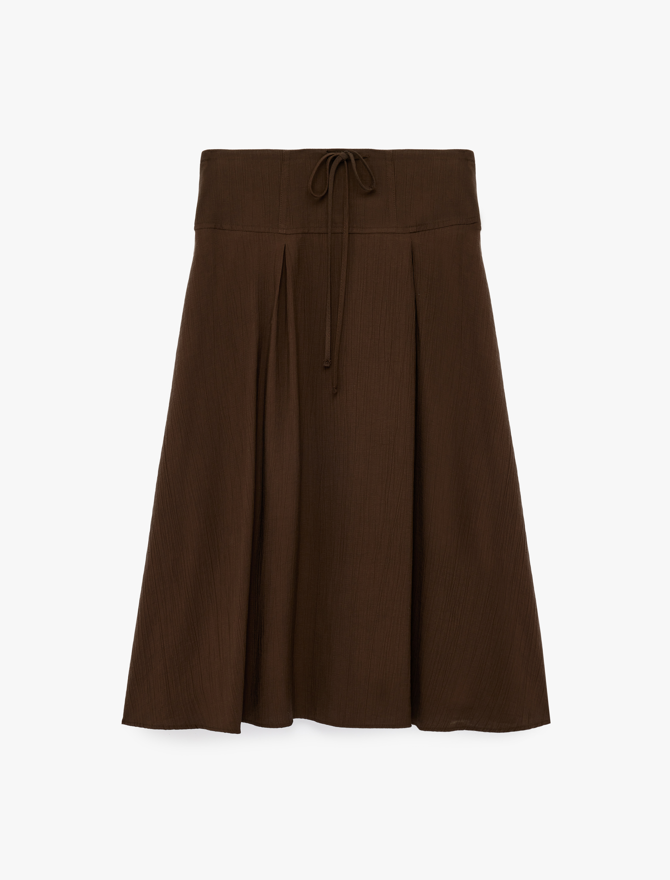   Viskon Kumaş Beli Bağlamalı Dokulu Çan Kesim Midi Etek