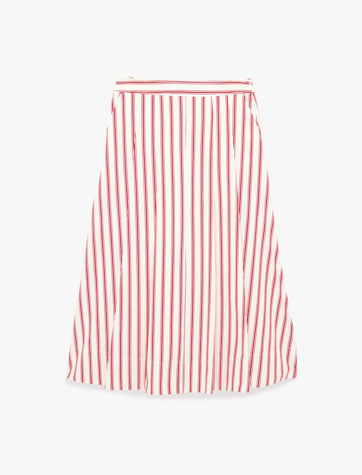  Pamuklu Cepli Kloş Midi Çizgili Poplin Etek