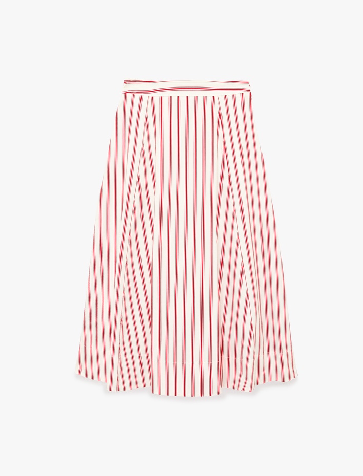  Pamuklu Cepli Kloş Midi Çizgili Poplin Etek