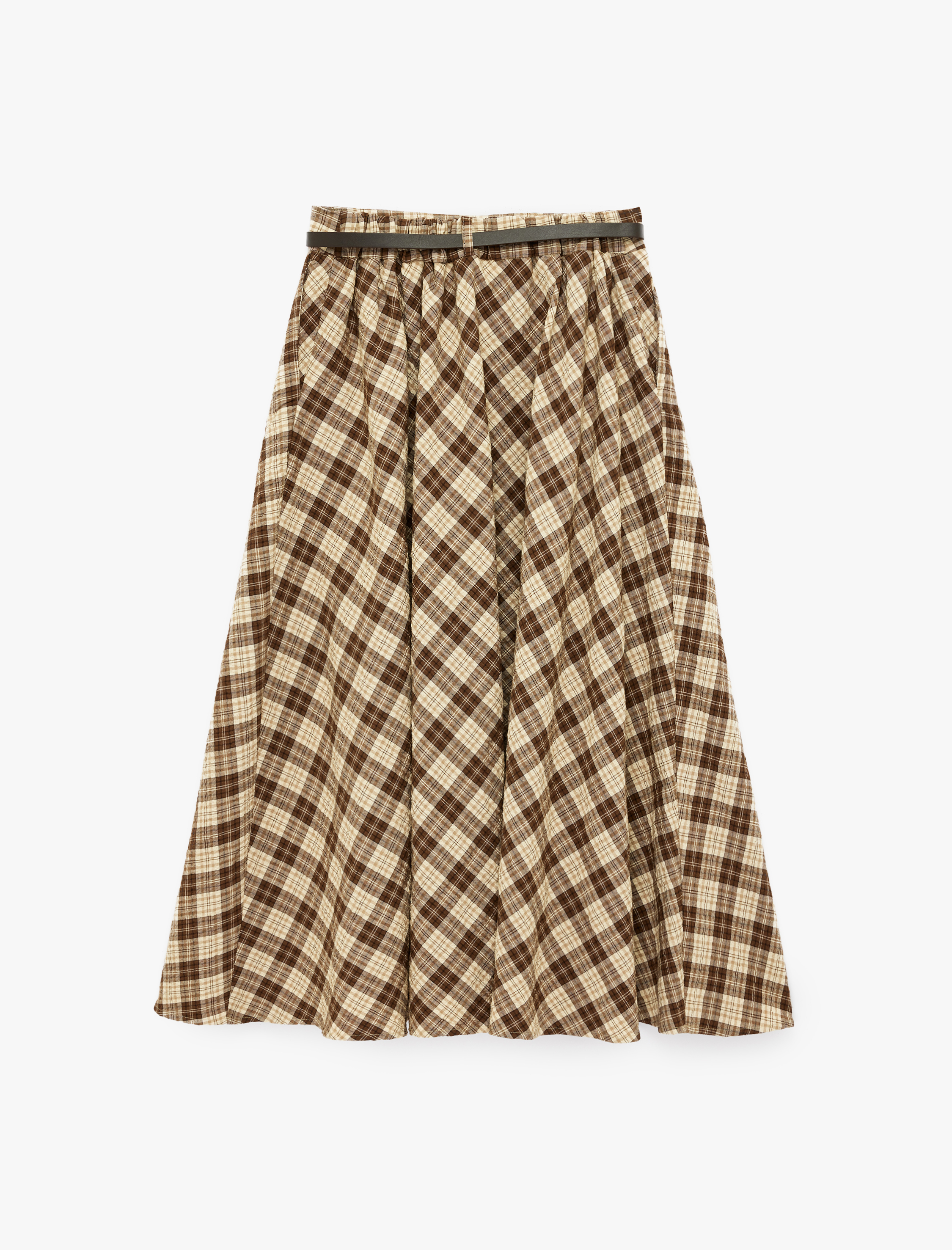   Kemerli A Kesim Midi Ekose Etek