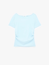 Pamuklu Drape Detaylı Kısa Kollu Bisiklet Yaka Tişört