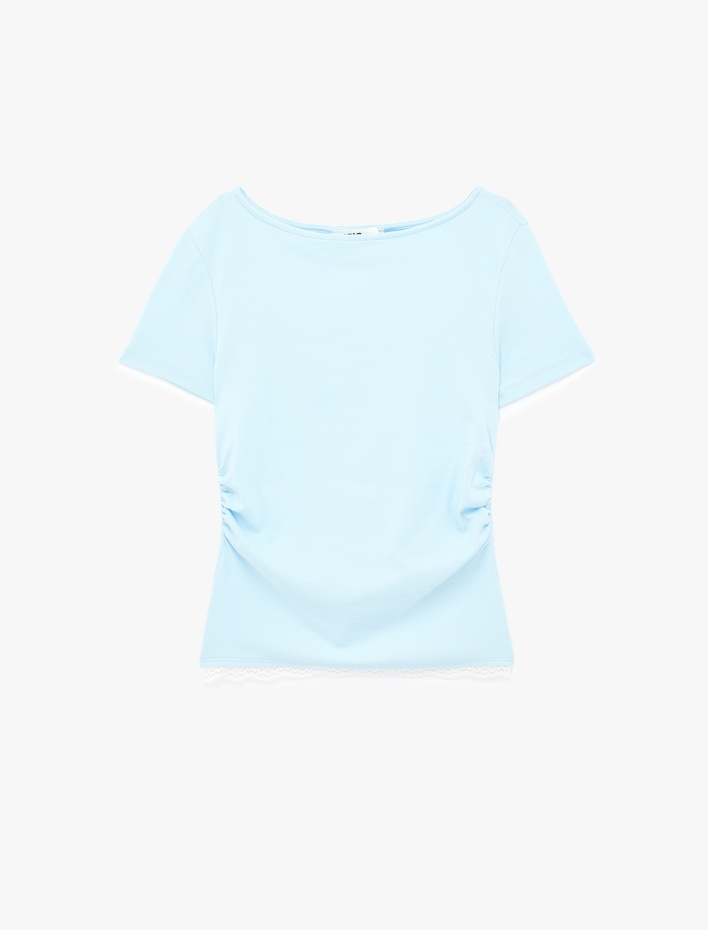  Pamuklu Drape Detaylı Kısa Kollu Bisiklet Yaka Tişört