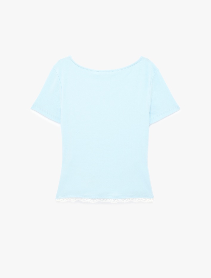  Pamuklu Drape Detaylı Kısa Kollu Bisiklet Yaka Tişört