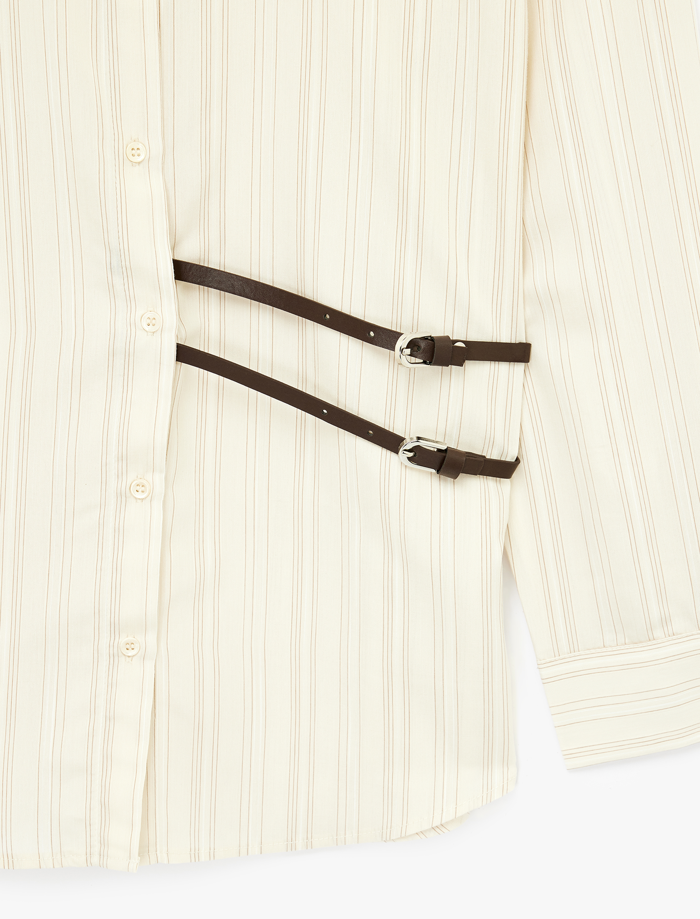   Aksesuar Kemer Detaylı Uzun Kollu Çizgili Oversize Gömlek