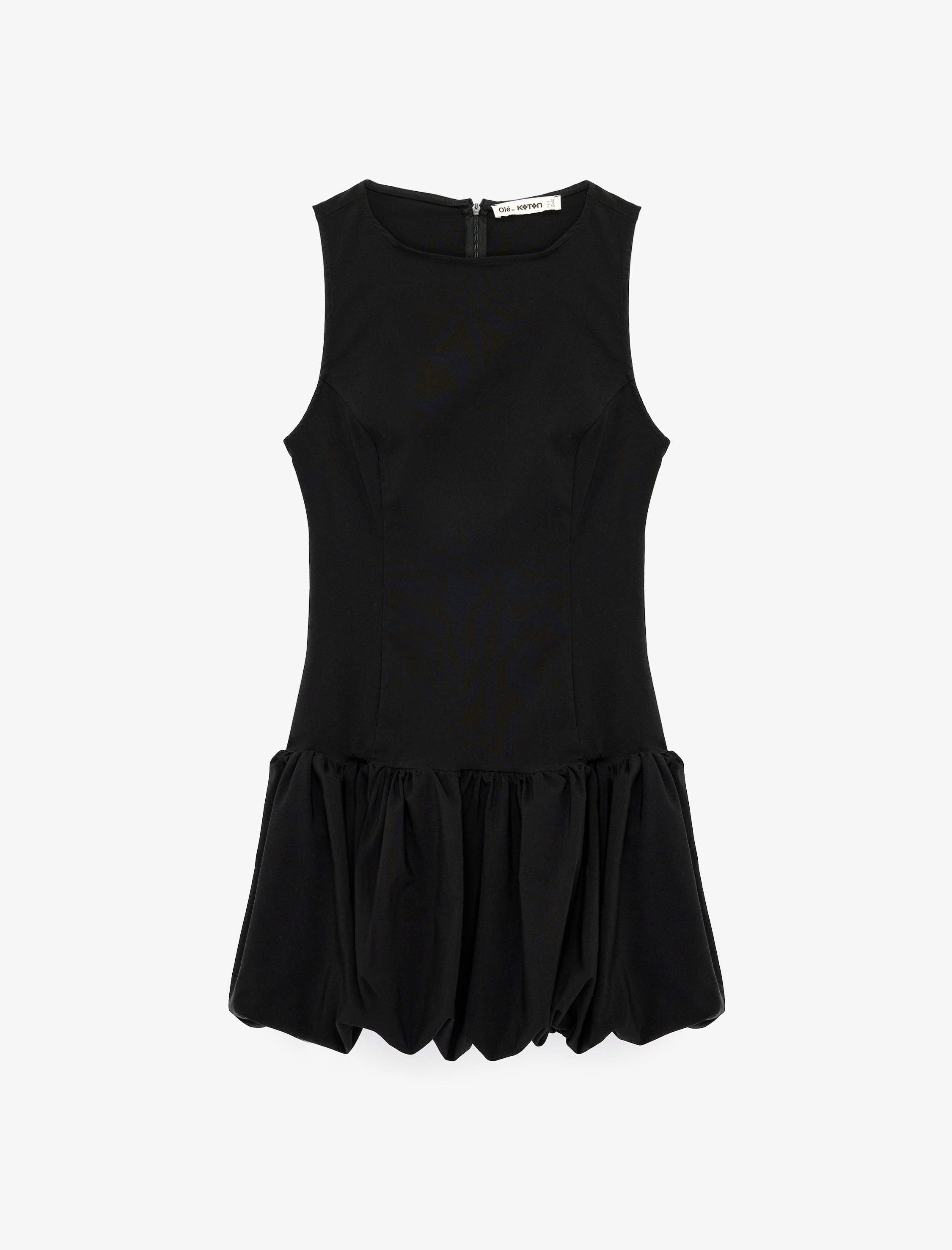   Volanlı Fermuarlı Slim Fit Kolsuz Bisiklet Yaka Mini Balon Elbise