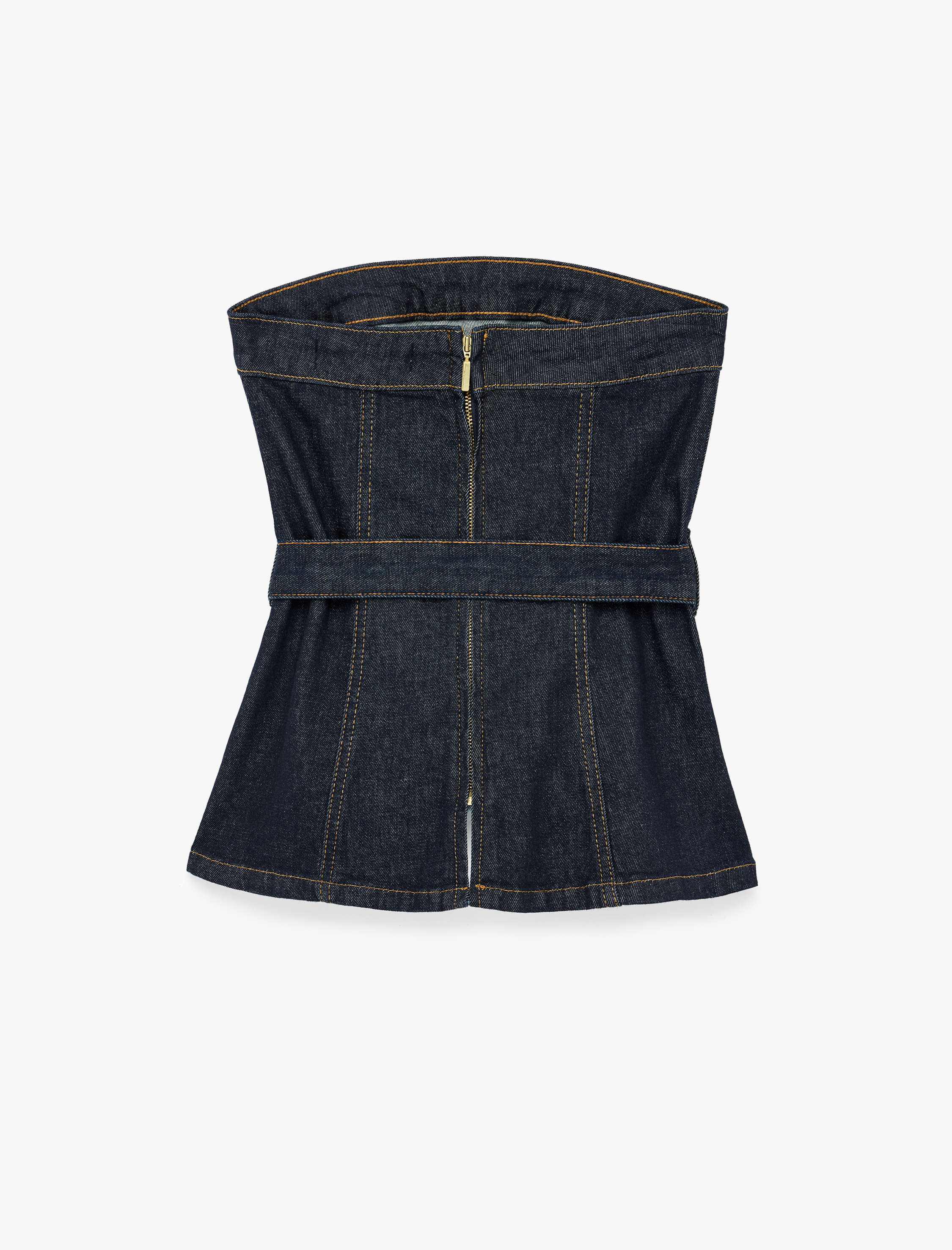   Kolsuz Pamuklu Straplez Yaka Kemer Detaylı Denim Bluz