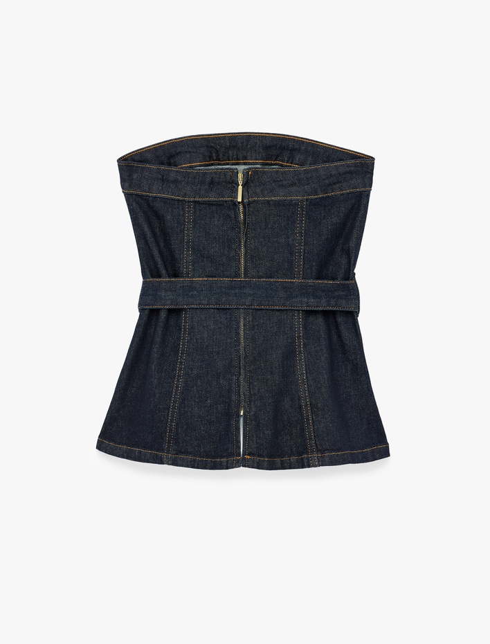  Kolsuz Pamuklu Straplez Yaka Kemer Detaylı Denim Bluz