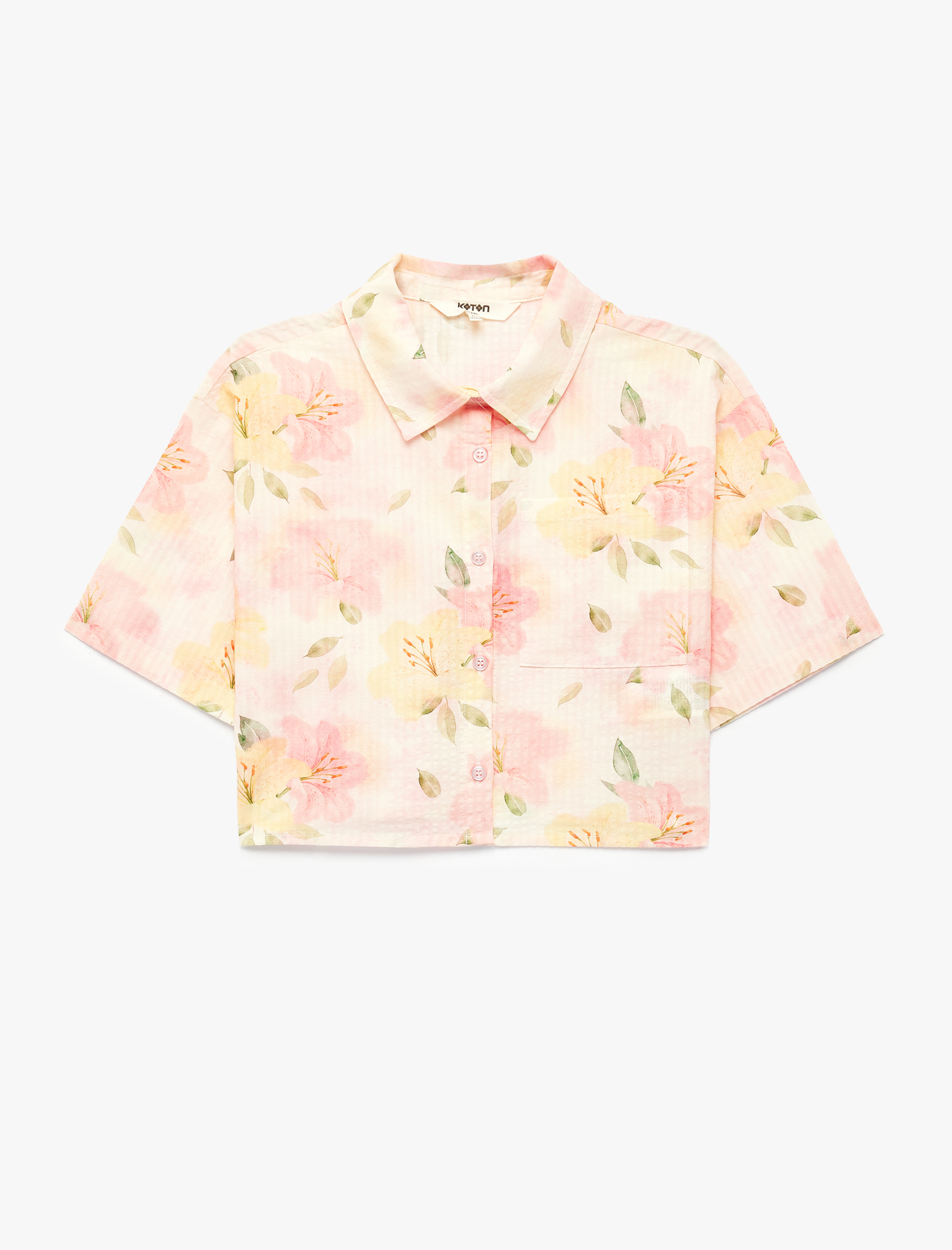  Kız Çocuk Pamuklu Çiçek Desenli Kısa Kollu Gömlek