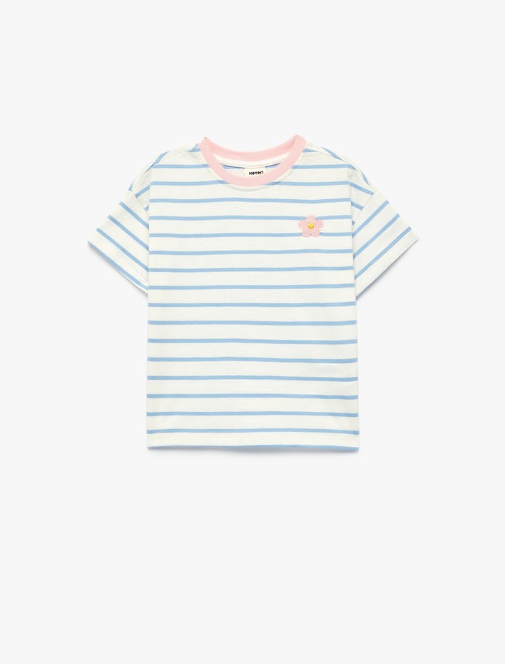 Kız Bebek Nakışlı Kısa Kollu Bisiklet Yaka Pamuklu Tişört