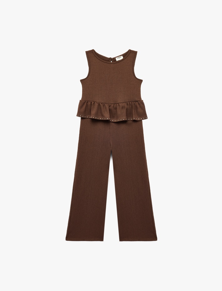 Kız Çocuk Kolsuz Bisiklet Yaka Fırfır Detaylı Uzun Tulum