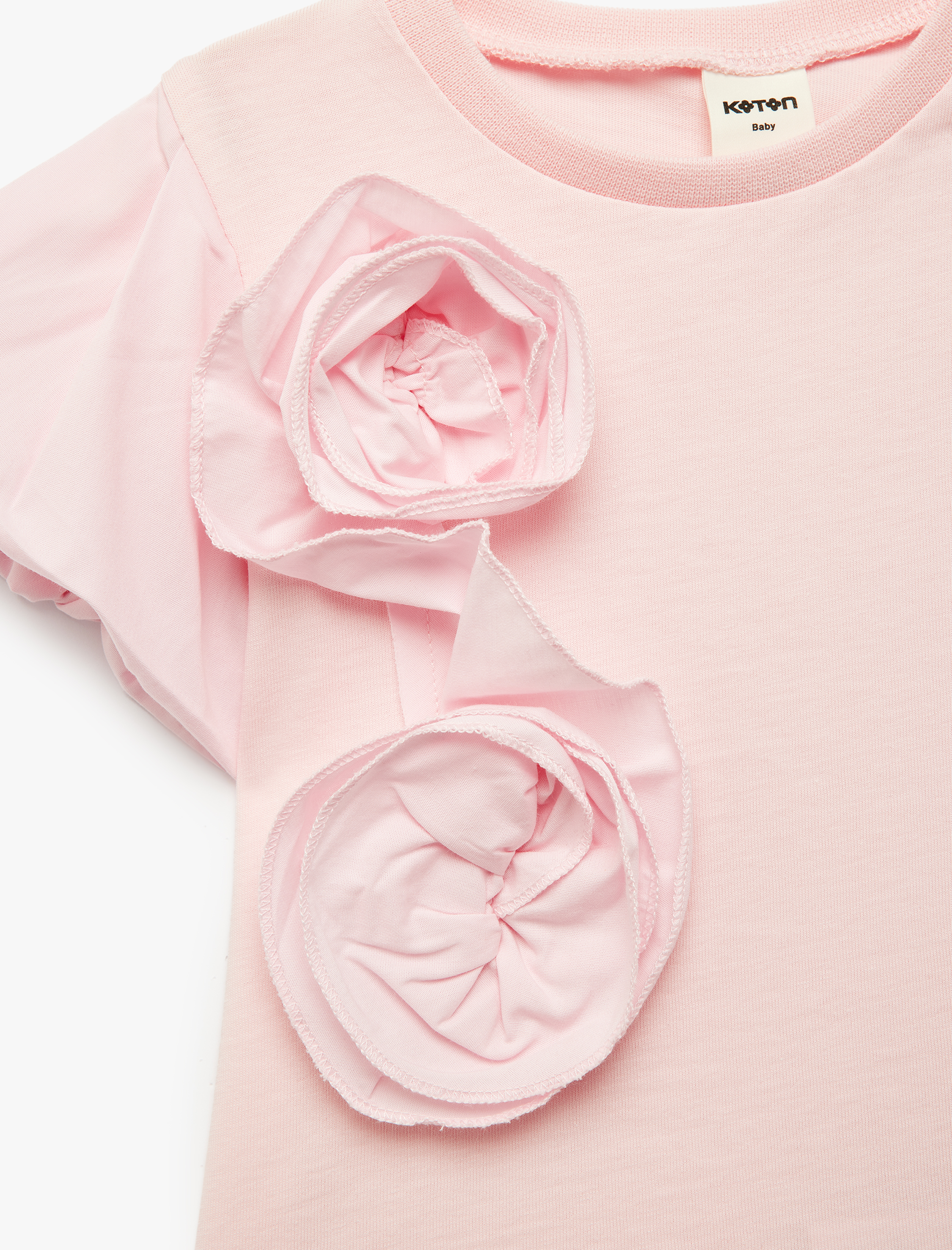  Kız Bebek Balon Kollu Çiçek Detaylı Kısa Kollu Pamuklu Tişört