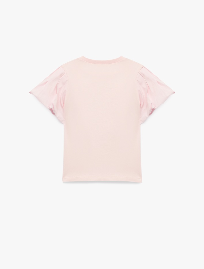 Kız Bebek Balon Kollu Çiçek Detaylı Kısa Kollu Pamuklu Tişört