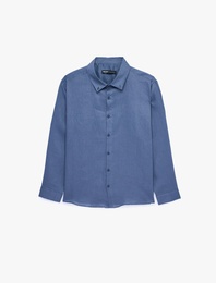 Regular Fit Düğmeli Yaka Uzun Kollu Keten Gömlek