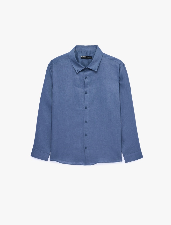  Regular Fit Düğmeli Yaka Uzun Kollu Keten Gömlek