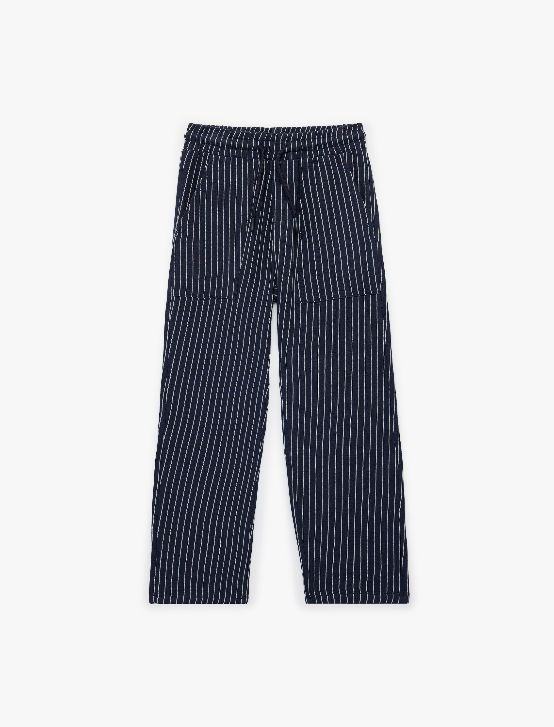  Erkek Çocuk Pamuklu Beli Bağcıklı Cepli Çizgili Pantolon
