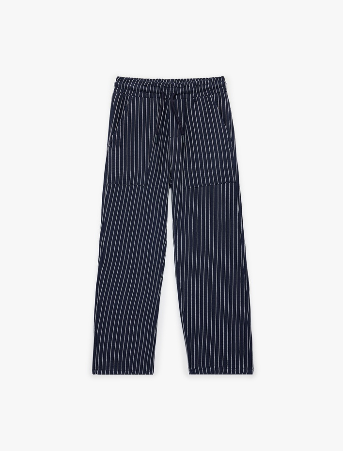 Erkek Çocuk Pamuklu Beli Bağcıklı Cepli Çizgili Pantolon