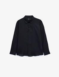 Regular Fit Düğmeli Yaka Uzun Kollu Keten Gömlek