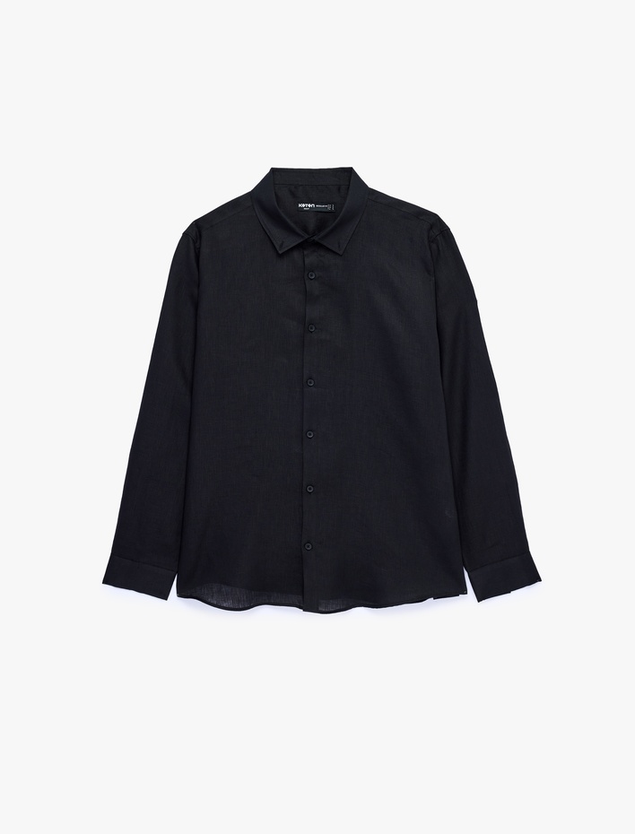  Regular Fit Düğmeli Yaka Uzun Kollu Keten Gömlek