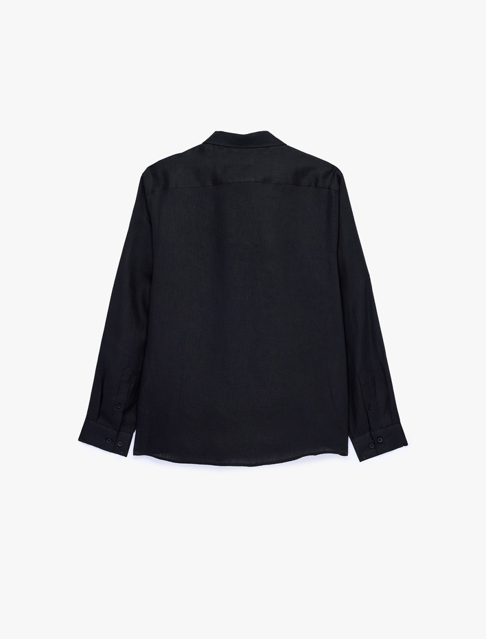  Regular Fit Düğmeli Yaka Uzun Kollu Keten Gömlek