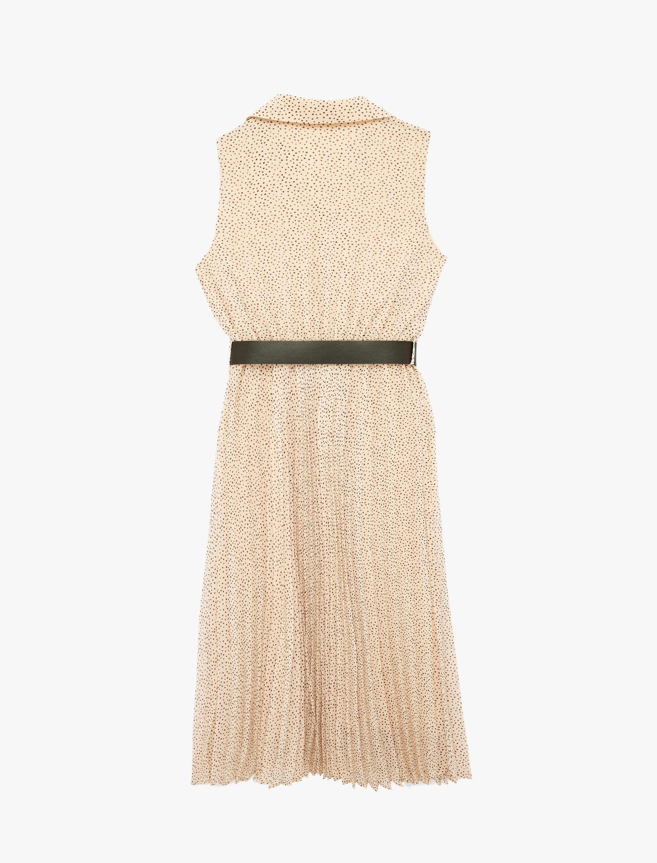   Şifon Kolsuz Kemerli Midi Puantiyeli Pileli Gömlek Elbise