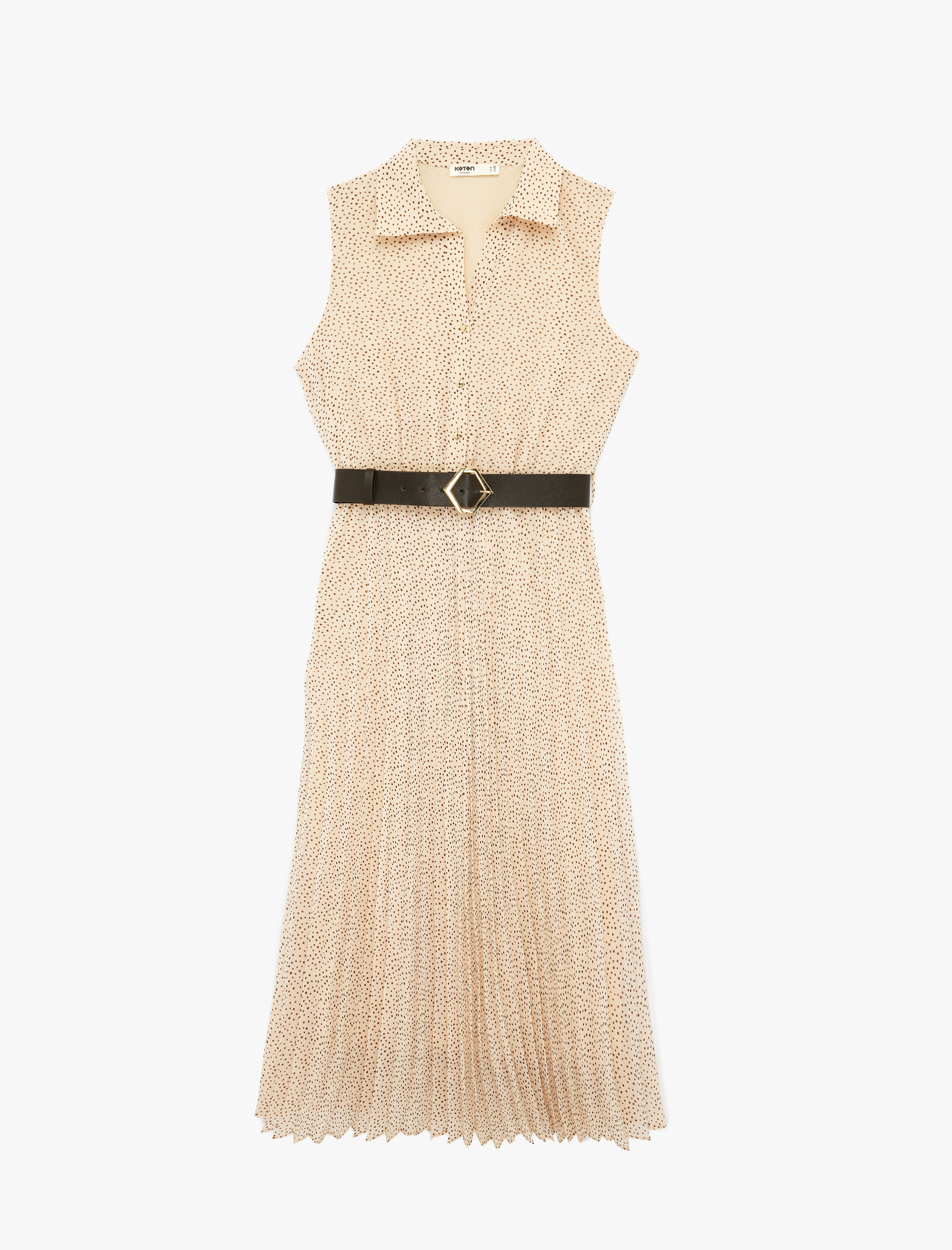   Şifon Kolsuz Kemerli Midi Puantiyeli Pileli Gömlek Elbise