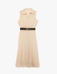 Şifon Kolsuz Kemerli Midi Puantiyeli Pileli Gömlek Elbise