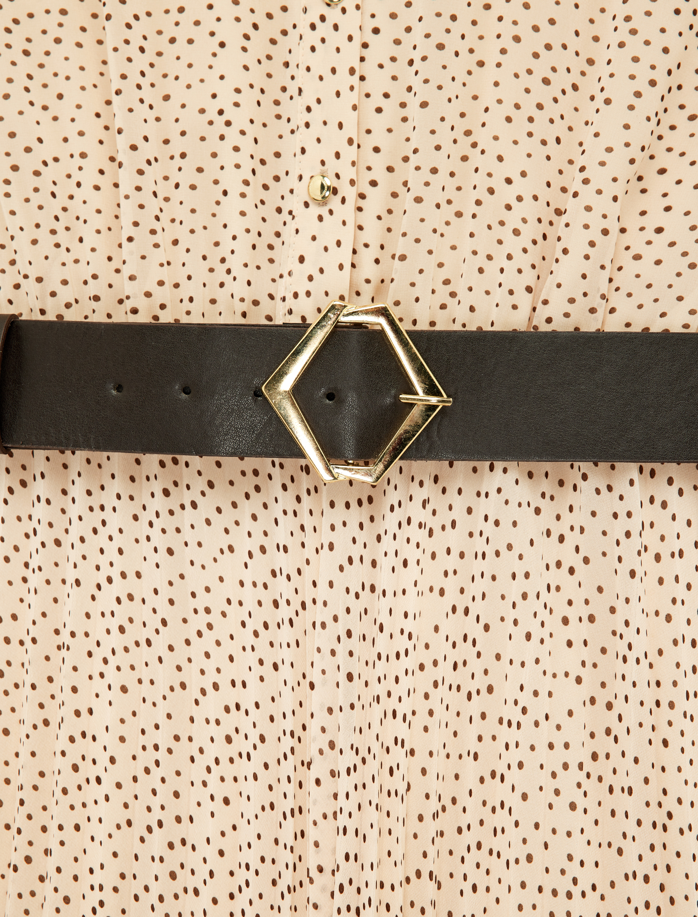   Şifon Kolsuz Kemerli Midi Puantiyeli Pileli Gömlek Elbise