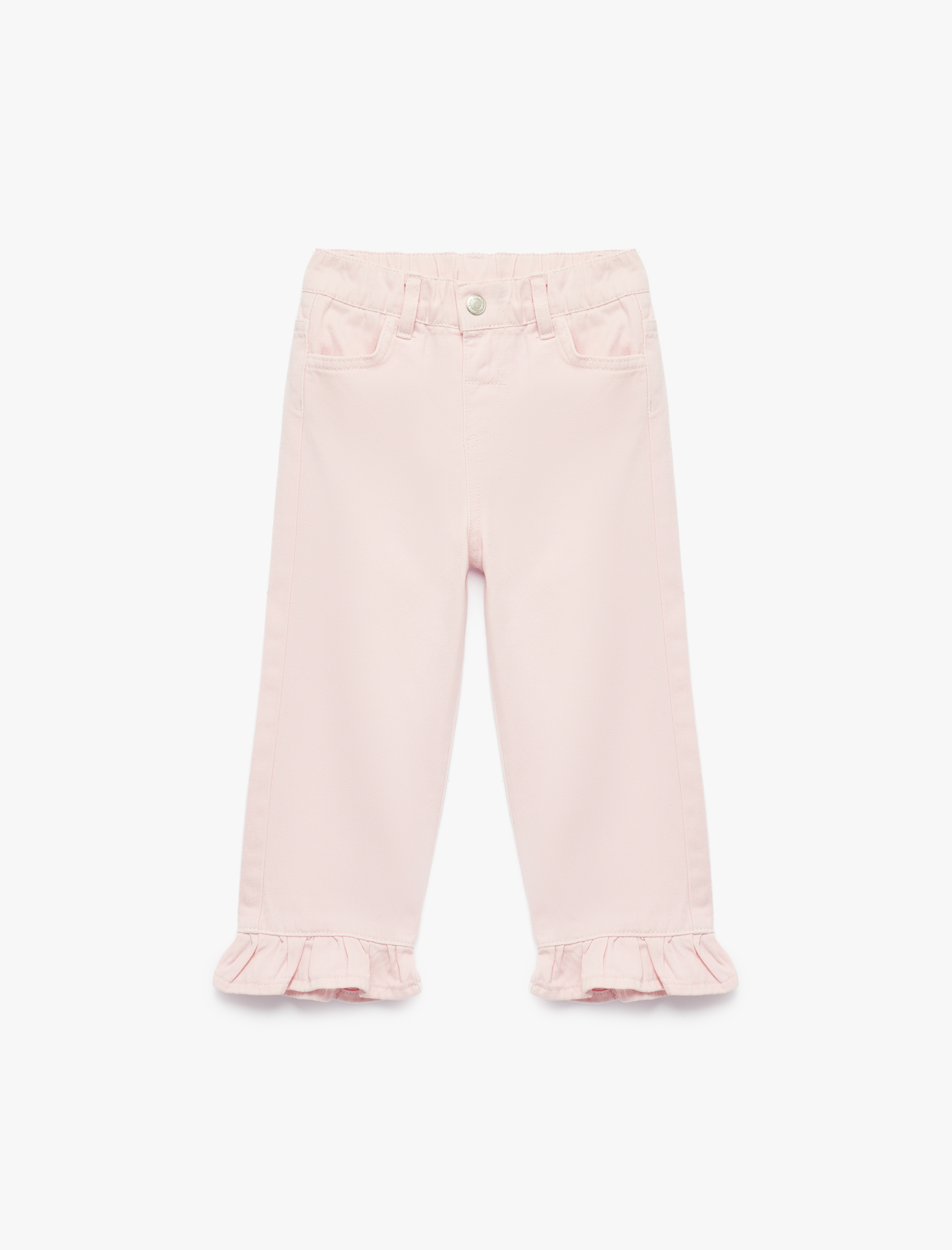  Kız Bebek Pamuklu Bol Kesim Fırfır Detaylı Denim Pantolon