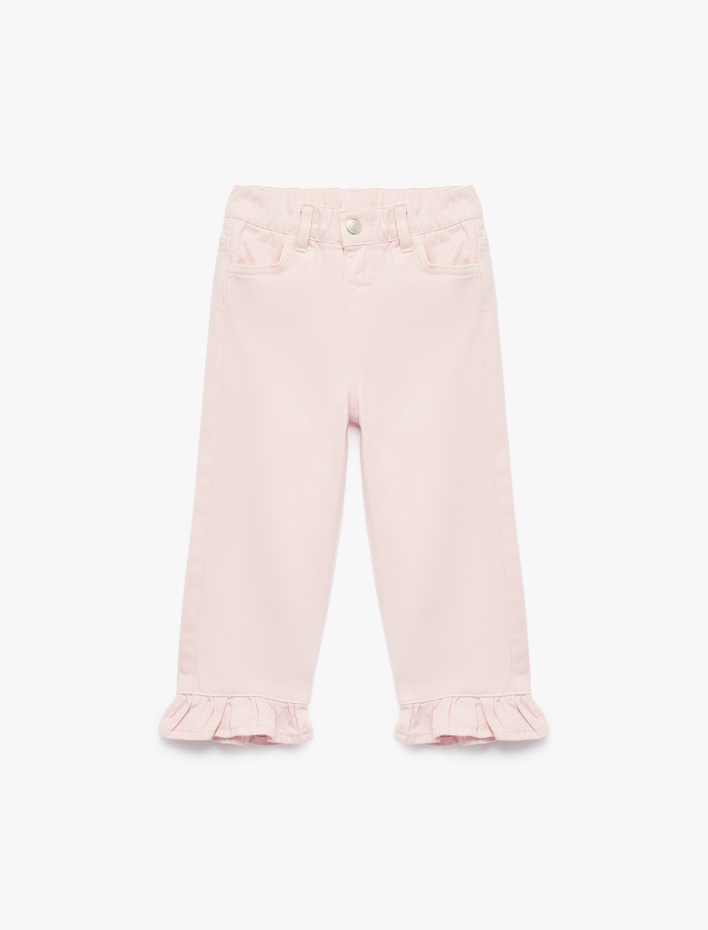 Kız Bebek Pamuklu Bol Kesim Fırfır Detaylı Denim Pantolon