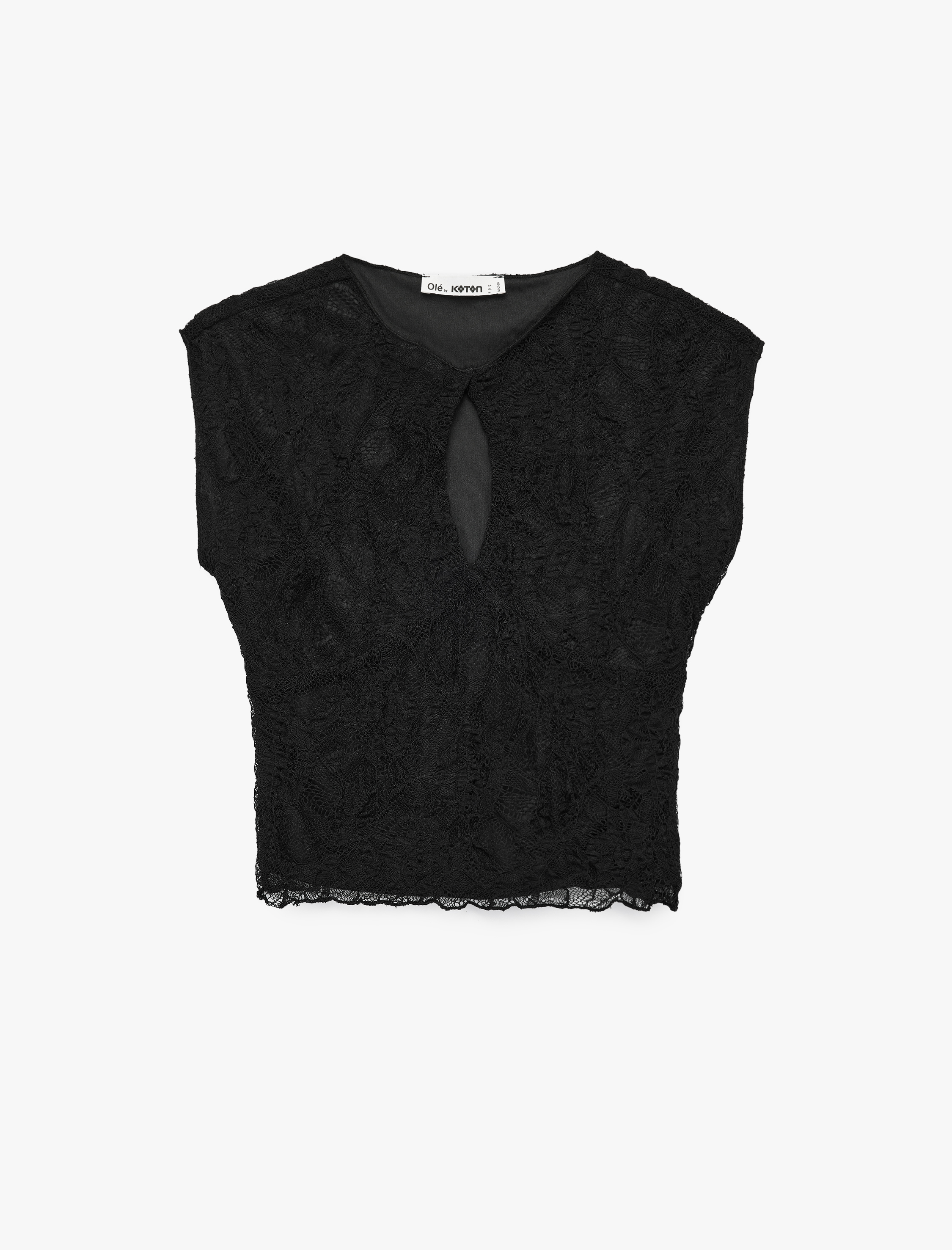   Pencere Detaylı Kolsuz Hakim Yaka Slim Fit Dantelli Bluz