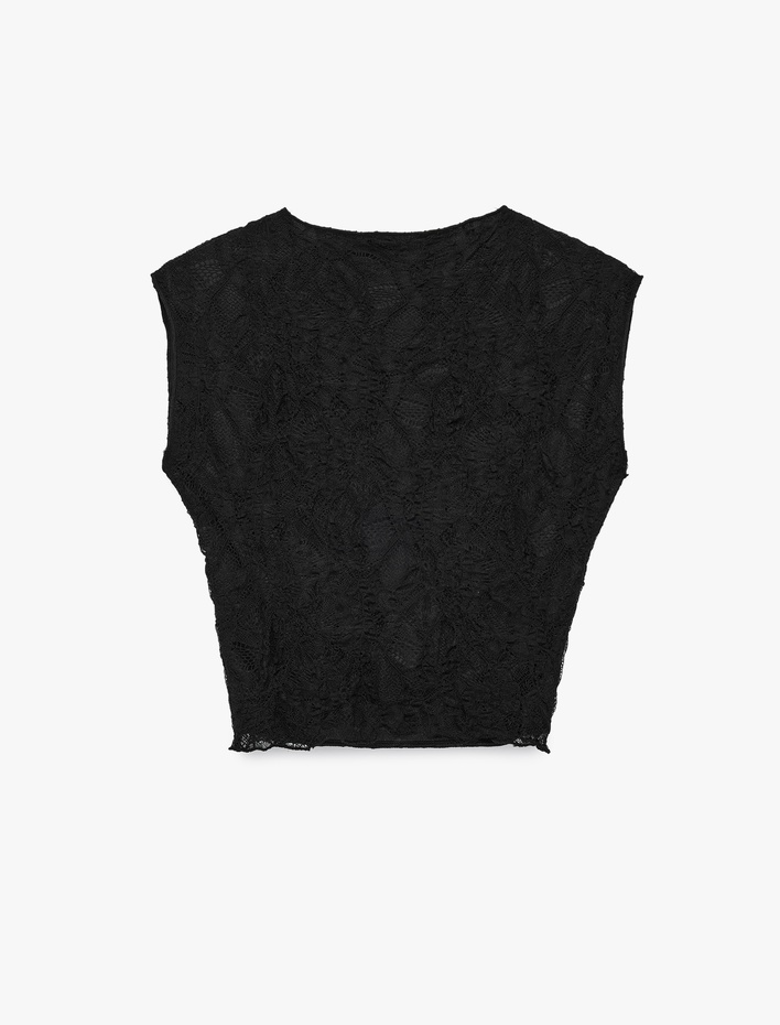  Pencere Detaylı Kolsuz Hakim Yaka Slim Fit Dantelli Bluz