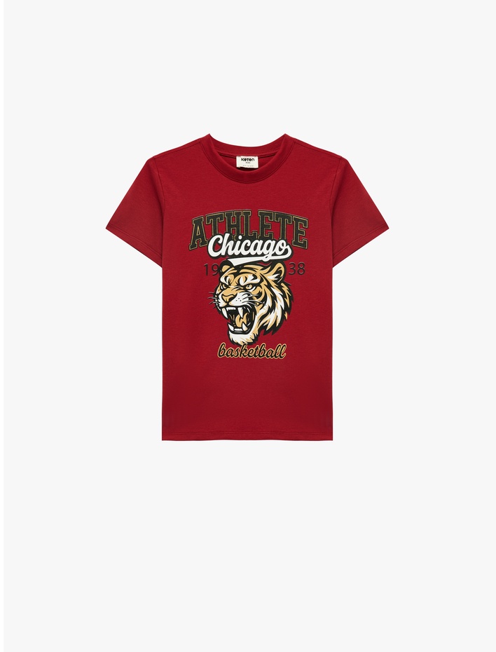 Erkek Çocuk Kaplan Baskılı Bisiklet Yaka Kısa Kollu Pamuklu Tişört