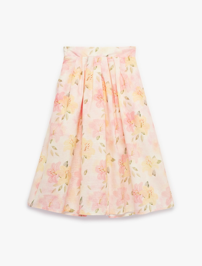 Kız Çocuk Pamuk ve Viskon Karışımlı Cepli Çiçek Desenli Midi Etek