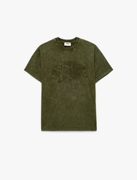 Baskılı Kısa Kollu Bisiklet Yaka Pamuklu Tişört