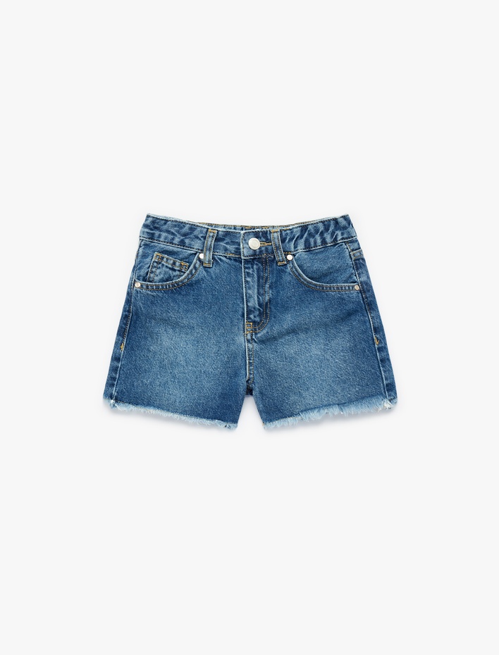 Kız Çocuk Cepli Bol Kesim Püsküllü Paça Pamuklu Denim Şort