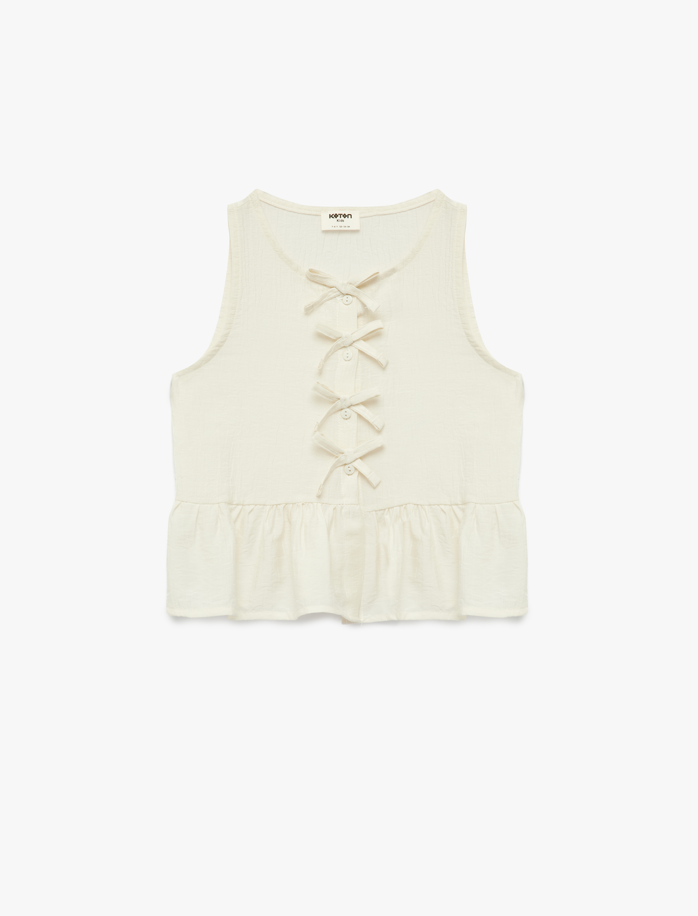  Kız Çocuk Bisiklet Yaka Bol Kalıp Düğmeli Fırfırlı Fiyonklu Viskon Kolsuz Bluz